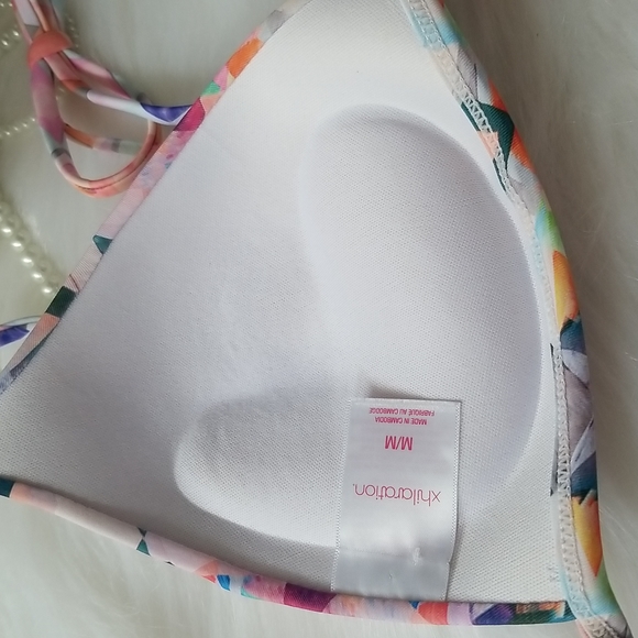 Triangle Push-Up Style String Bikini Top Abstract Print Ruched Detail - Picture 5 of 6